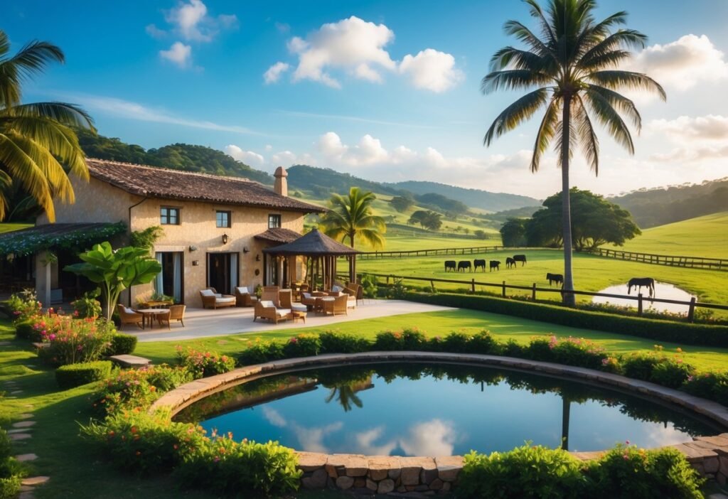 Fazenda elegante com pastagens verdes, árvores, flores coloridas, área de descanso ao ar livre e animais pastando ao fundo.