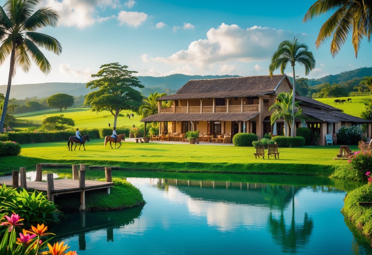 Hotel fazenda rodeado por campos verdes, árvores tropicais e um lago, com pessoas desfrutando de atividades ao ar livre em um dia ensolarado.
