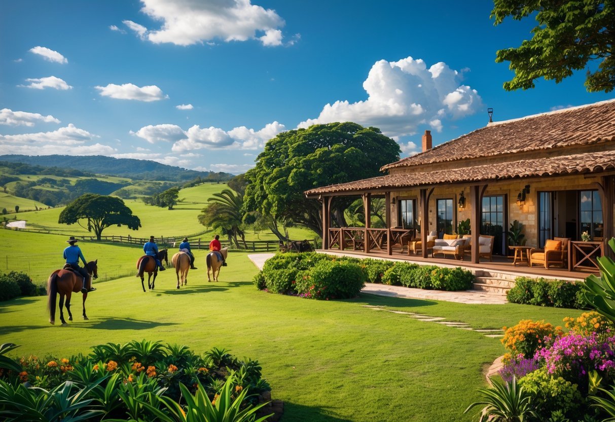 Vista de uma fazenda com casa rústica, pastagens verdes e pessoas praticando atividades ao ar livre como cavalgada e caminhada.