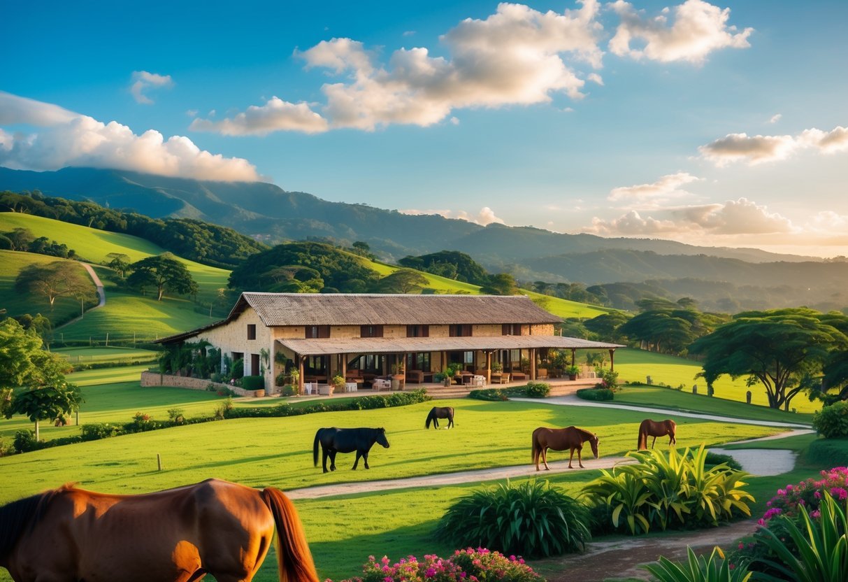 Fazenda com casa rústica, pastagens verdes, animais pastando e colinas ao fundo sob céu azul.